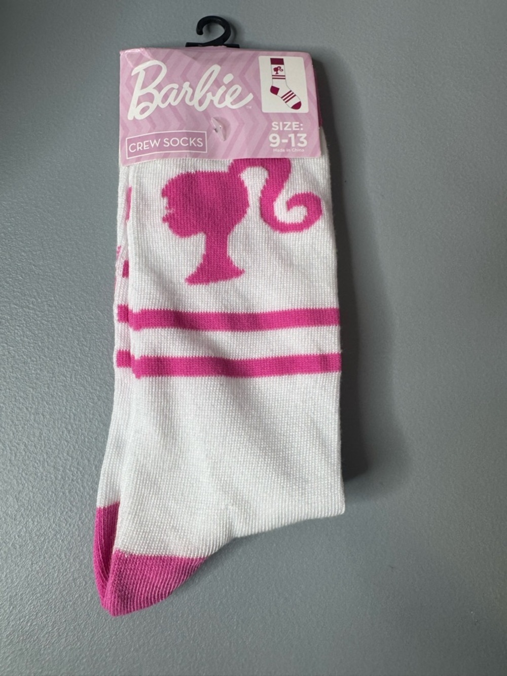 Barbie Pink & White Striped Crew Socks with Barbie Silhouette logo vintage style
